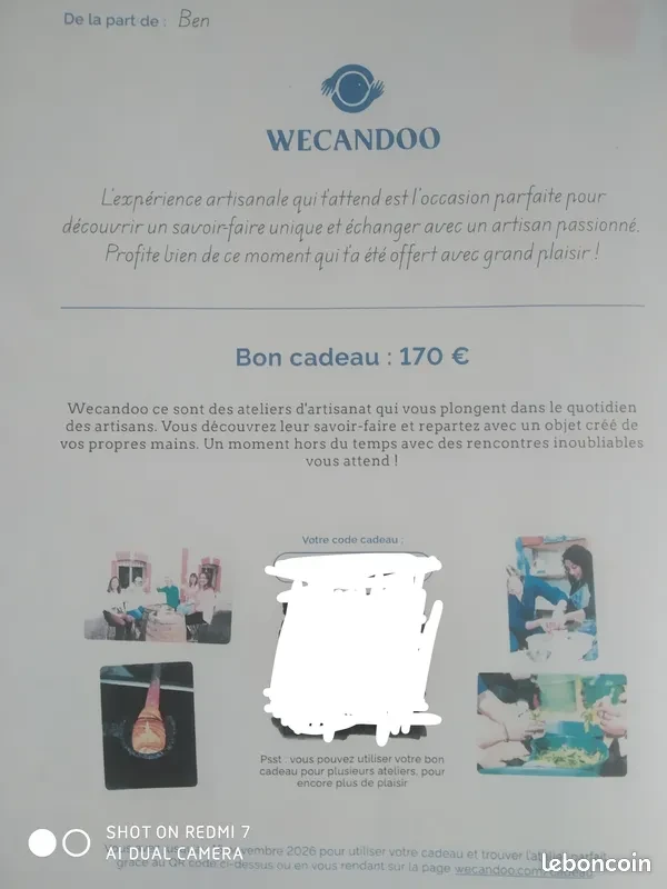 Carte cadeau Wecandoo d'une valeur de 170€